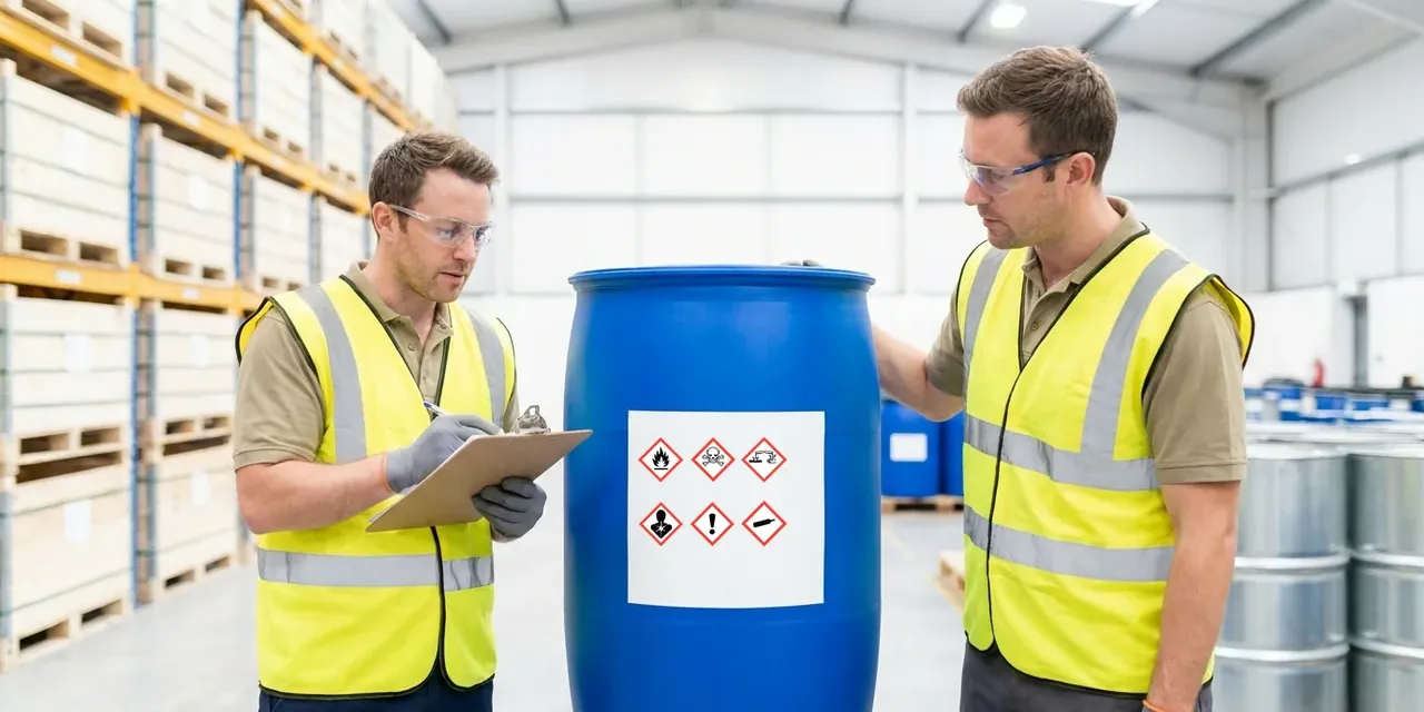 Two workers checking the hazard pictograms on a blue chemical drum in a warehouse