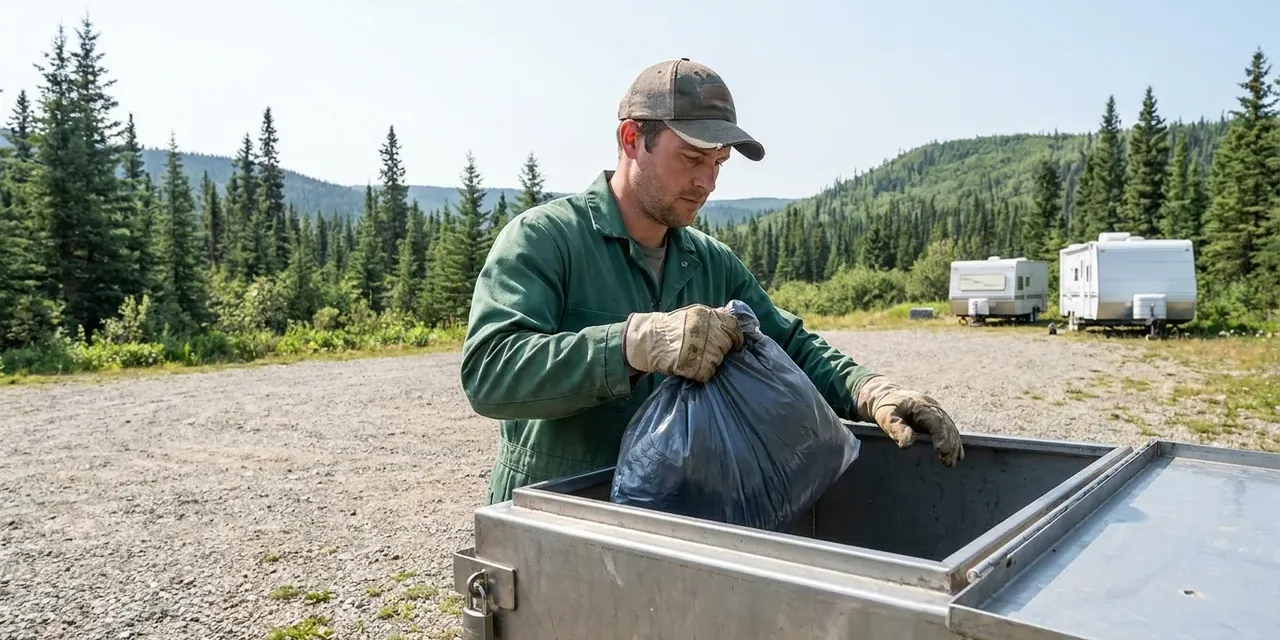 Travailleur rangeant des déchets alimentaires dans un conteneur à l'épreuve des ours dans un camp de travail éloigné