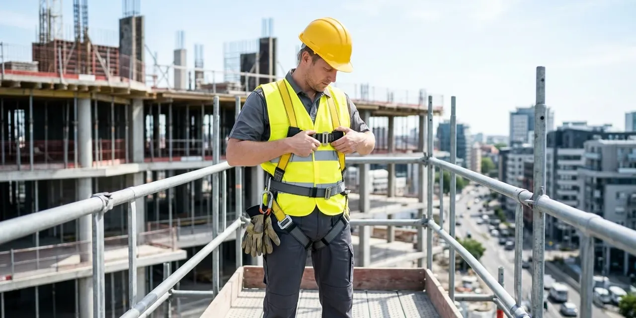Travailleur de la construction ajustant son harnais antichute complet sur une plateforme d'échafaudage d'un chantier en hauteur