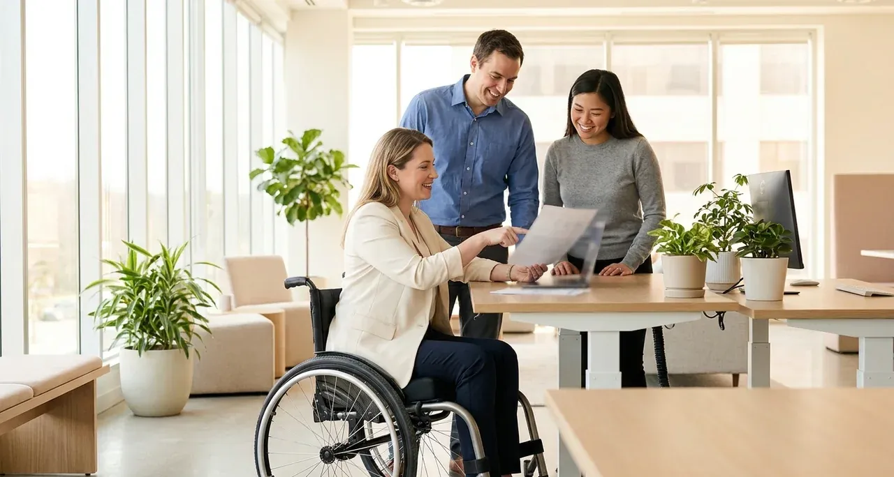 Employée en fauteuil roulant travaillant avec des collègues à un poste de travail accessible