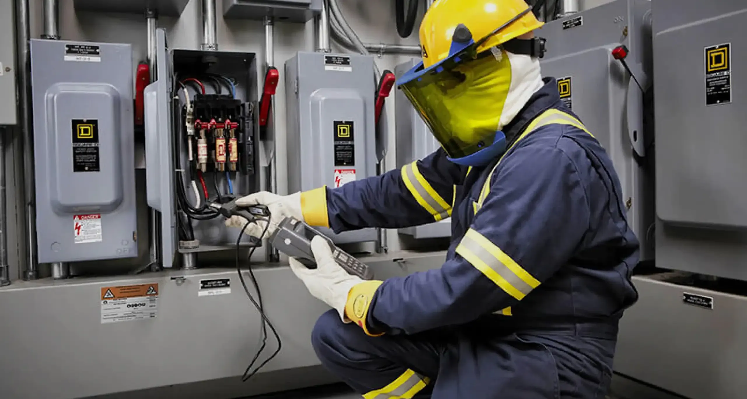 Electrician in arc-rated PPE working at an open electrical panel
