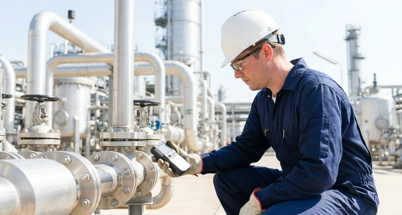 Technician taking an air-quality reading beside refinery process piping
