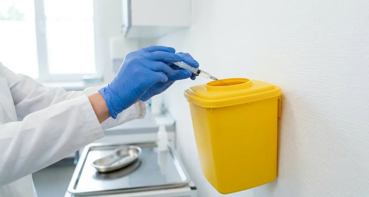 Mains gantées déposant une aiguille usagée dans un contenant pour objets tranchants