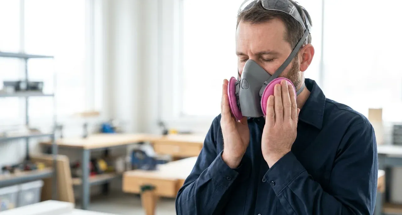 Worker performing a seal check on a half-mask respirator during fit testing