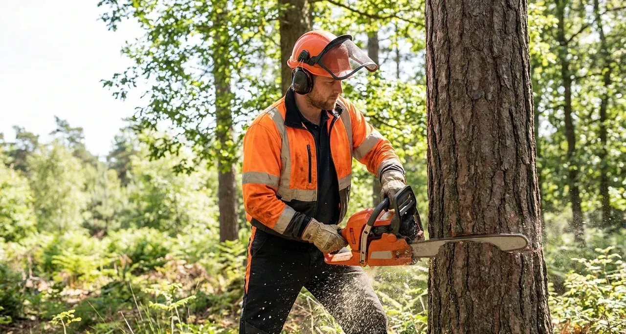Opérateur de tronçonneuse portant casque, visière, protecteurs auditifs et pantalon anticoupure effectuant une coupe