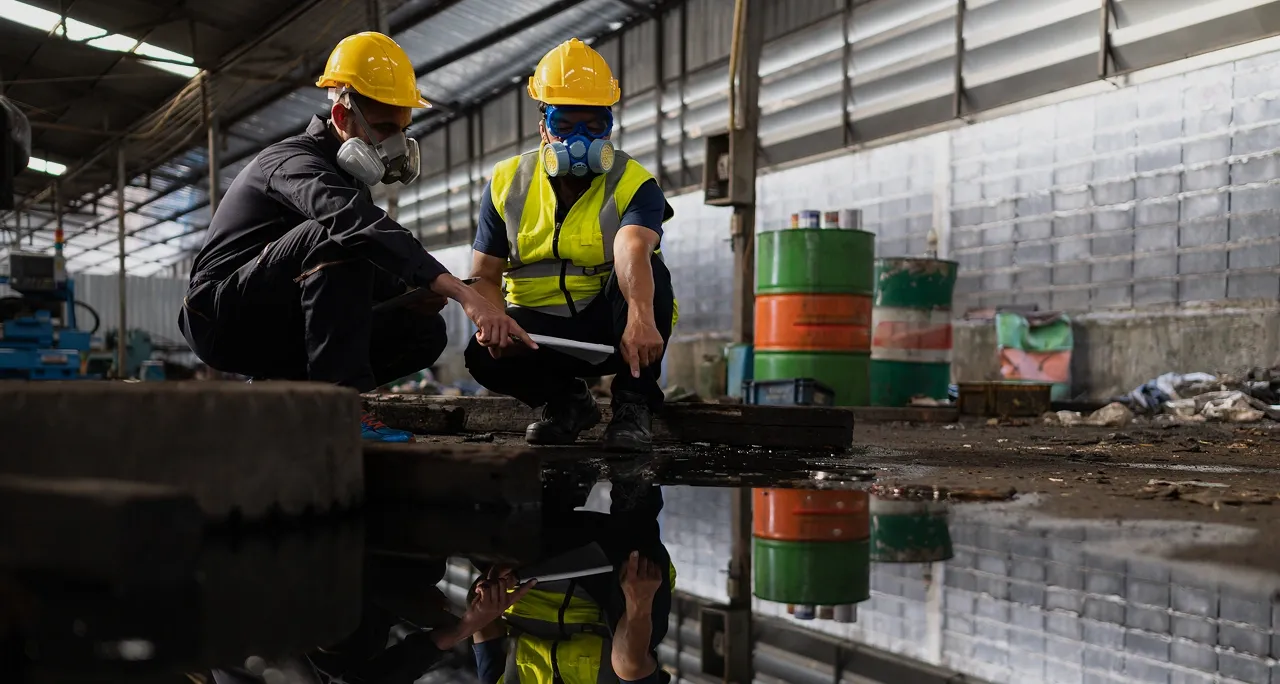 Two workers in respirators and hi-vis assessing a chemical spill in an industrial facility