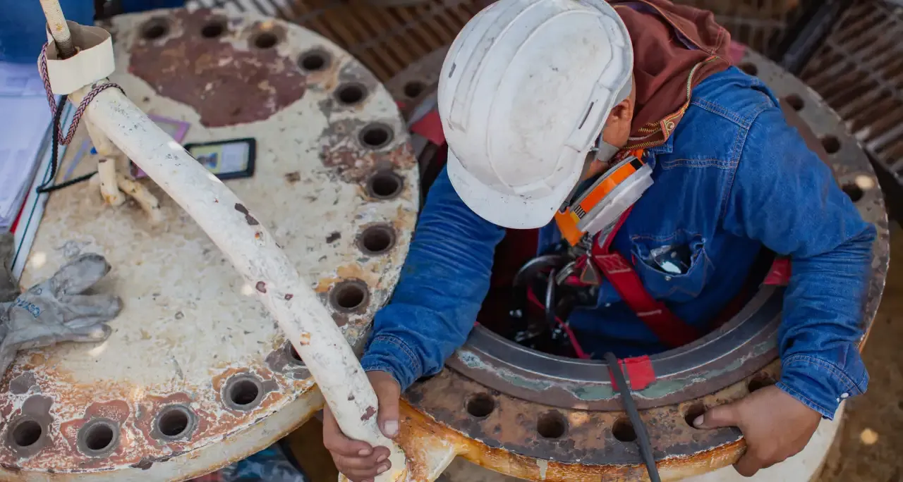 Harnessed worker at the entry hatch of a confined space with a gas monitor