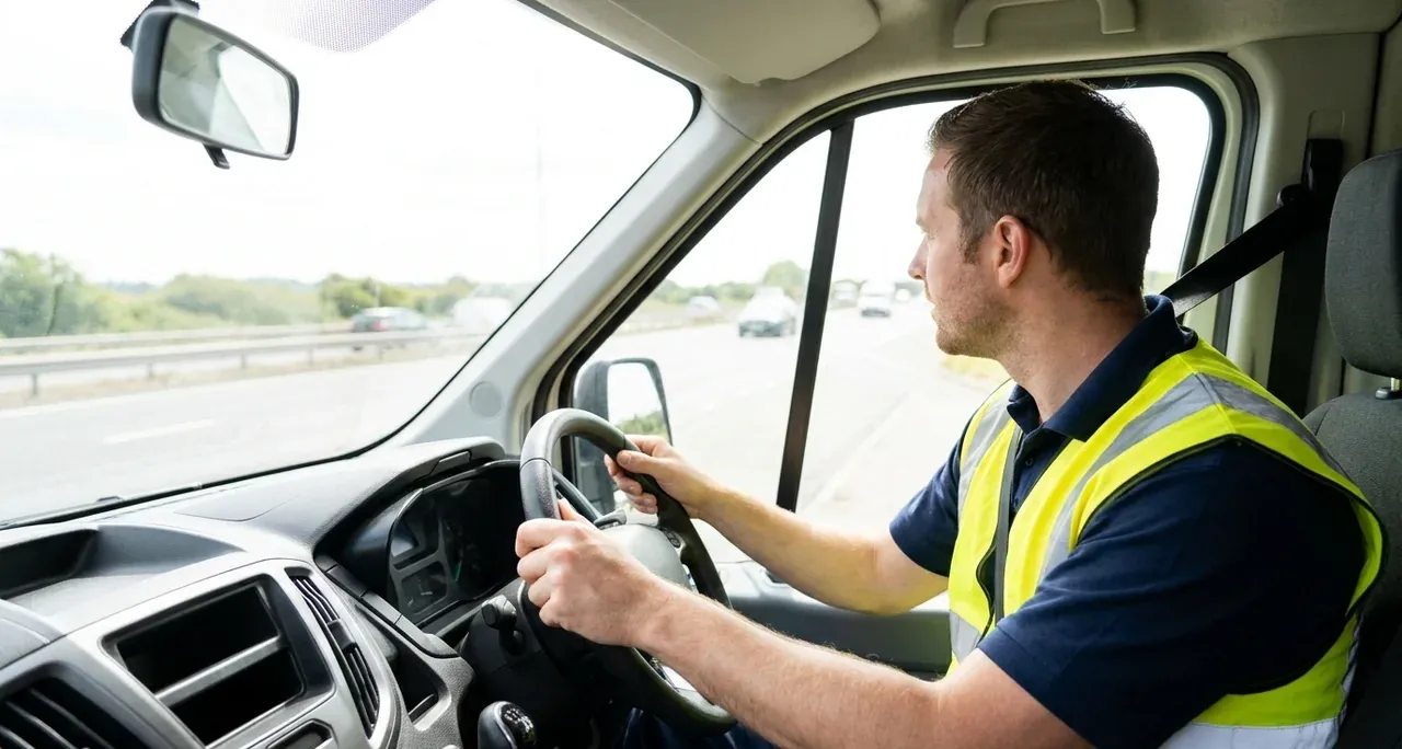 Work driver checking mirrors at the wheel of a company vehicle