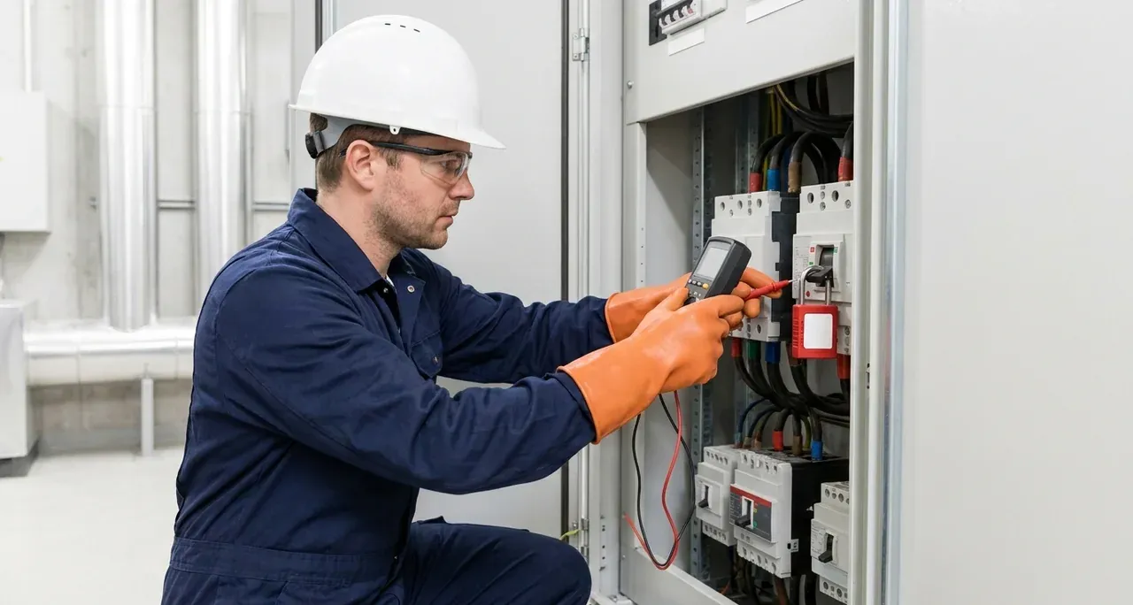 Electrician testing an isolated circuit at a distribution board with a lockout device fitted