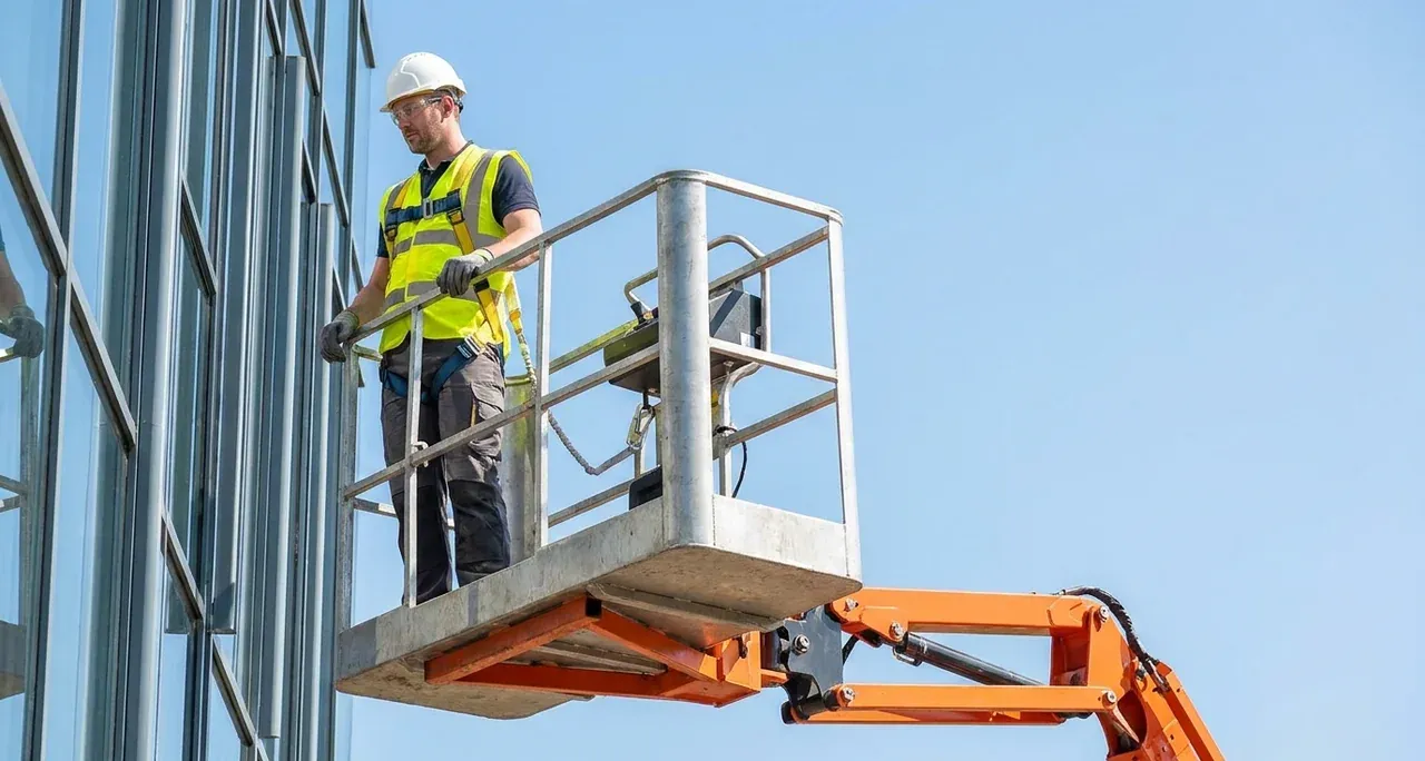 Operator harnessed in an elevating work platform basket working at height