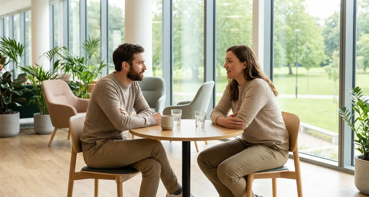 Two colleagues having a supportive one-to-one conversation in a workplace break area