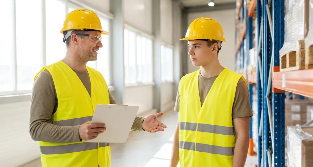 Supervisor giving a new worker a safety orientation on the job