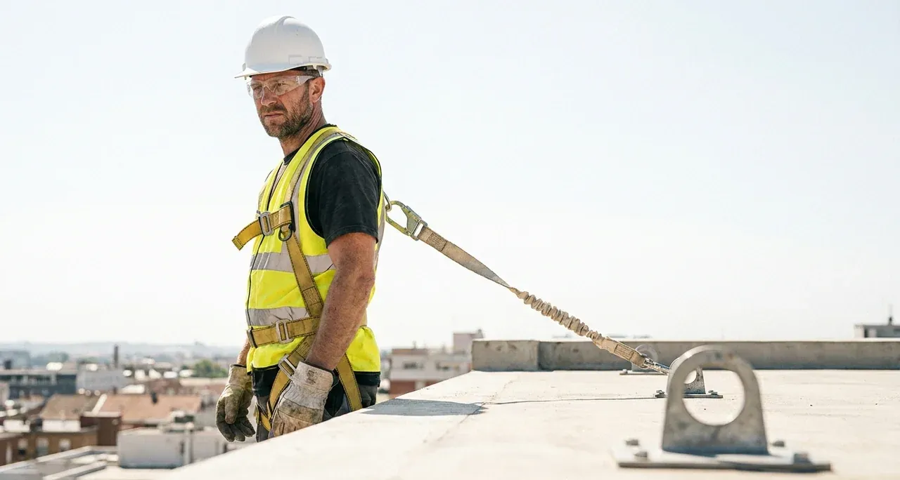 Worker in a full-body harness with lanyard connected to a roof anchor point