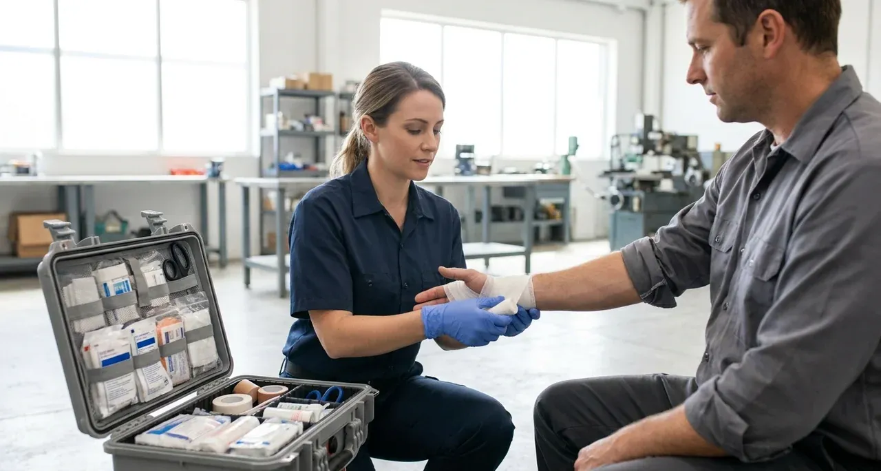 Workplace first-aid attendant treating a colleague's hand injury beside an open first-aid kit