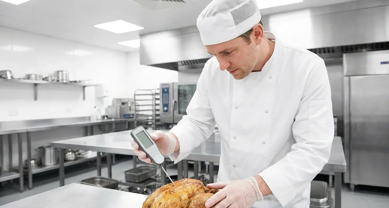Kitchen worker checking food temperature with a probe thermometer on a stainless steel bench