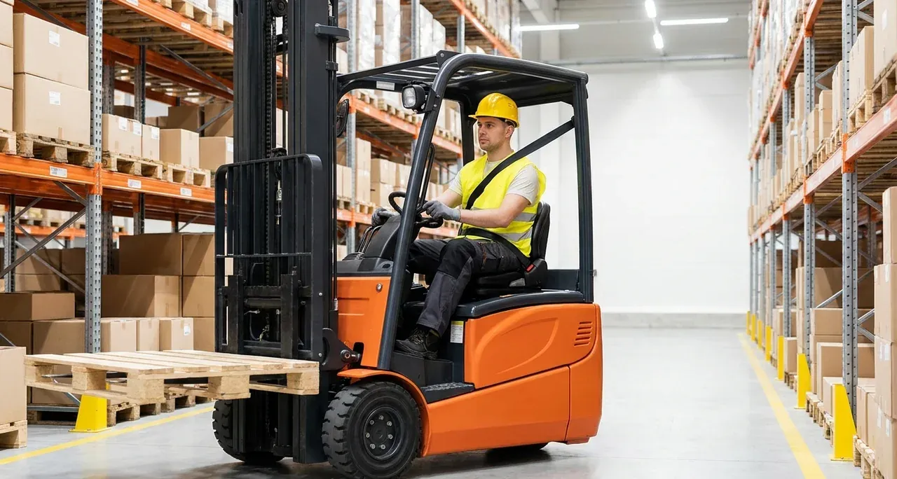 Forklift operator wearing a seatbelt and hi-vis handling a pallet in a warehouse aisle