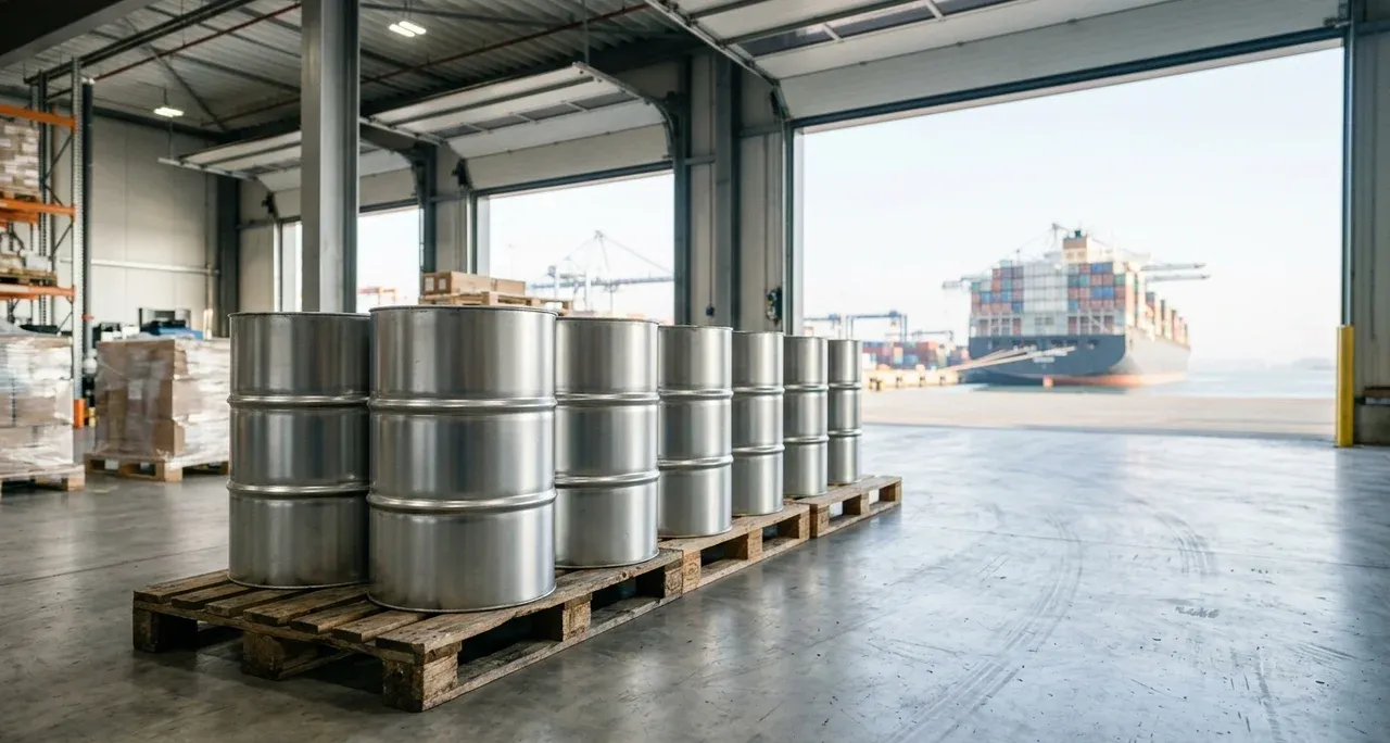 Chemical drums and shipping containers in a distribution facility, representing globally harmonized chemical classification