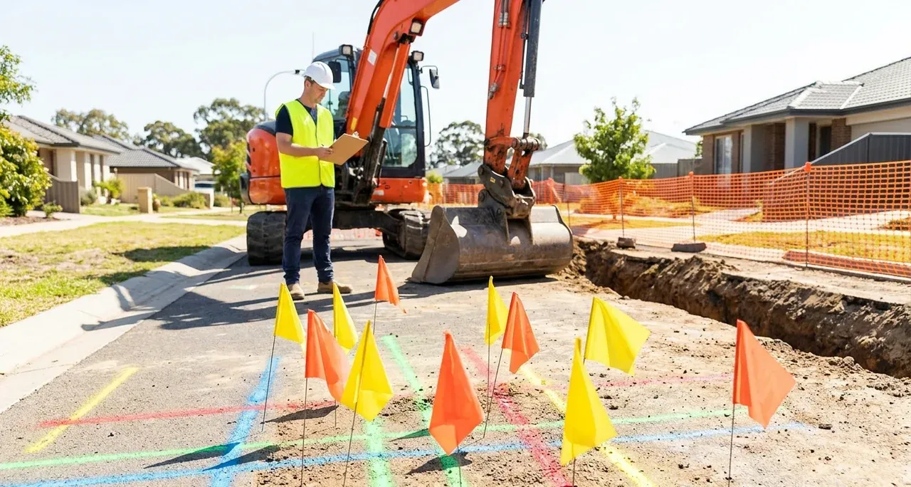 Équipe d'excavation travaillant près des marquages et fanions de repérage des services publics à une tranchée ouverte