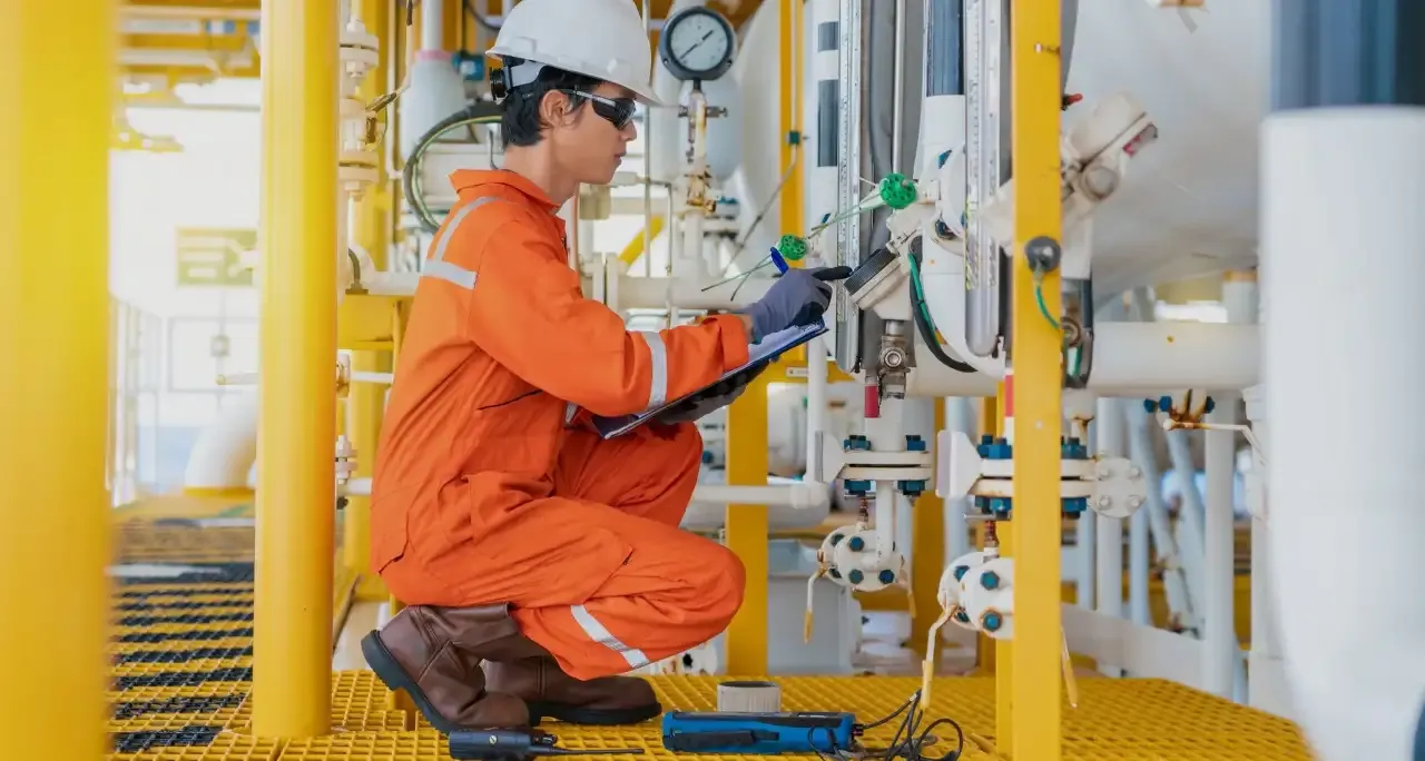 Oil and gas worker checking valves and gauges at a process installation