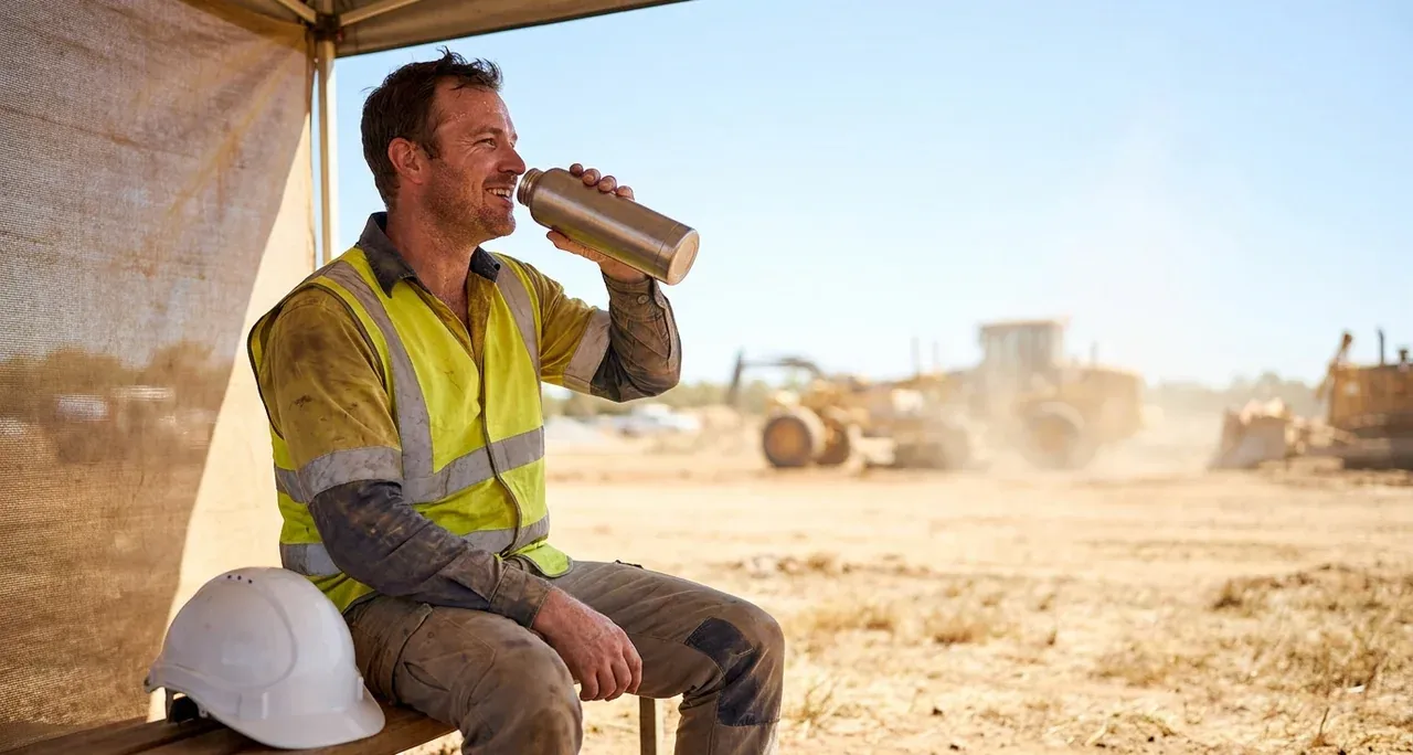Travailleur extérieur prenant une pause d'hydratation à l'ombre par temps chaud