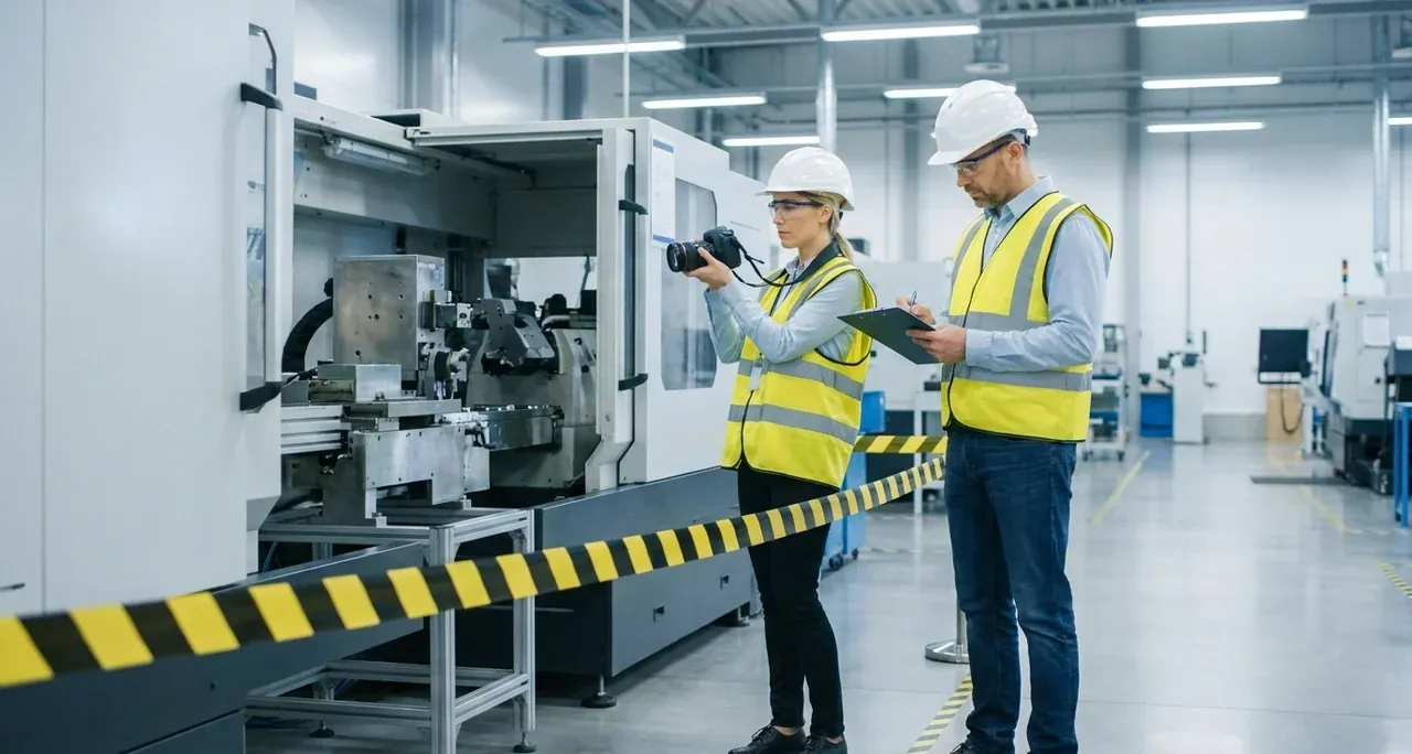 Investigators documenting a machine at a taped-off incident scene on a plant floor