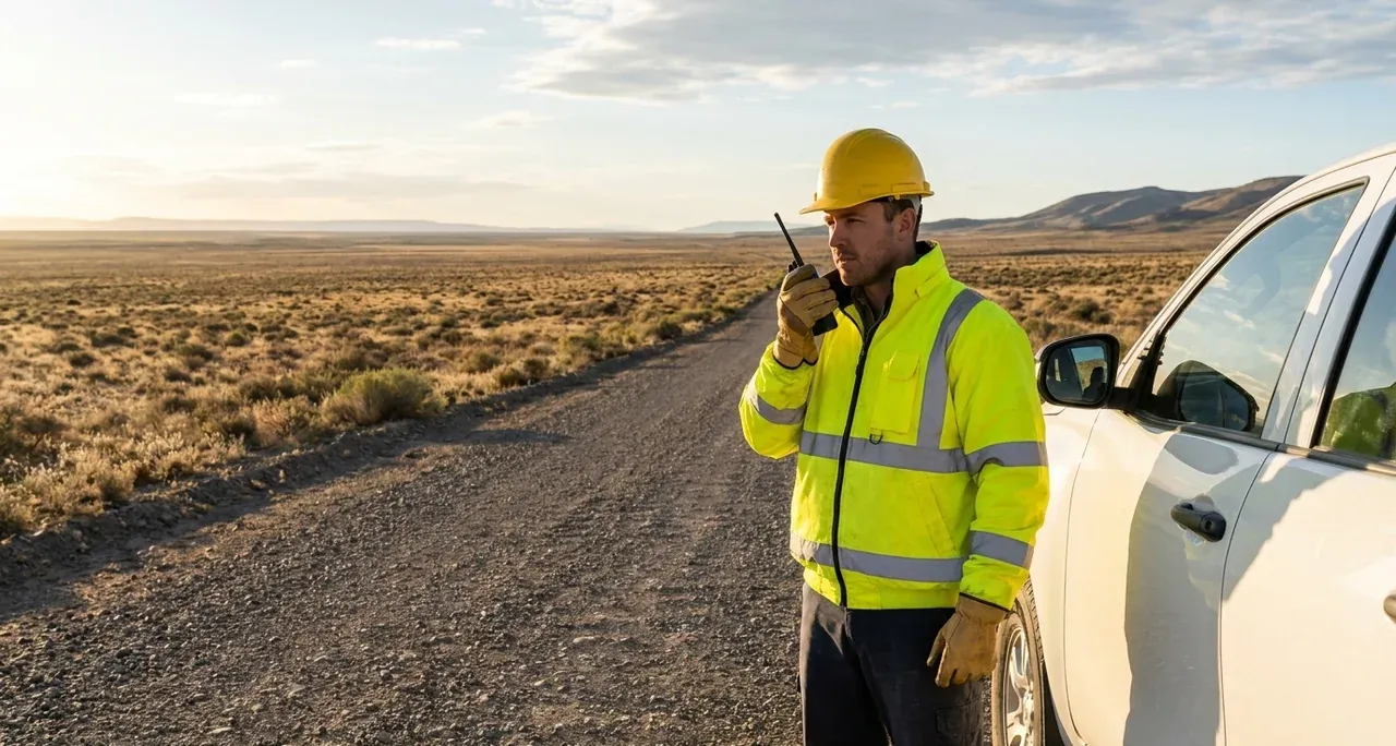 Lone field worker checking in by radio beside a pickup truck on a remote road