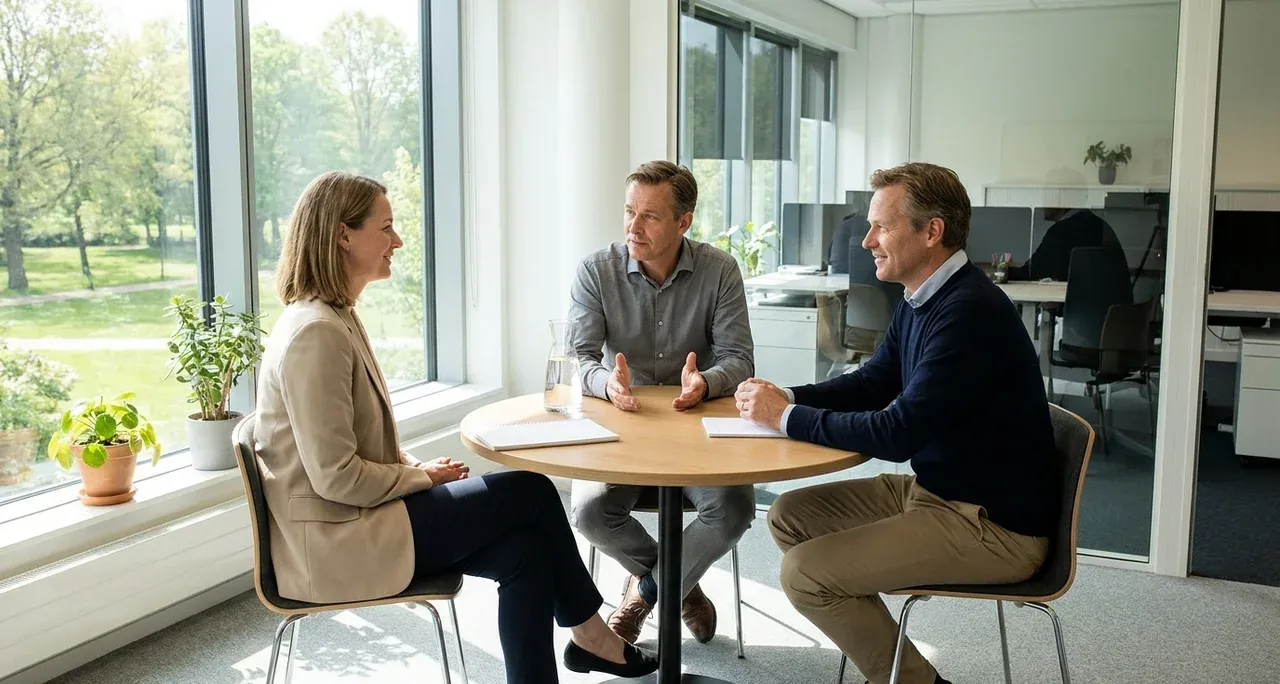 Three colleagues resolving a disagreement in a calm facilitated conversation