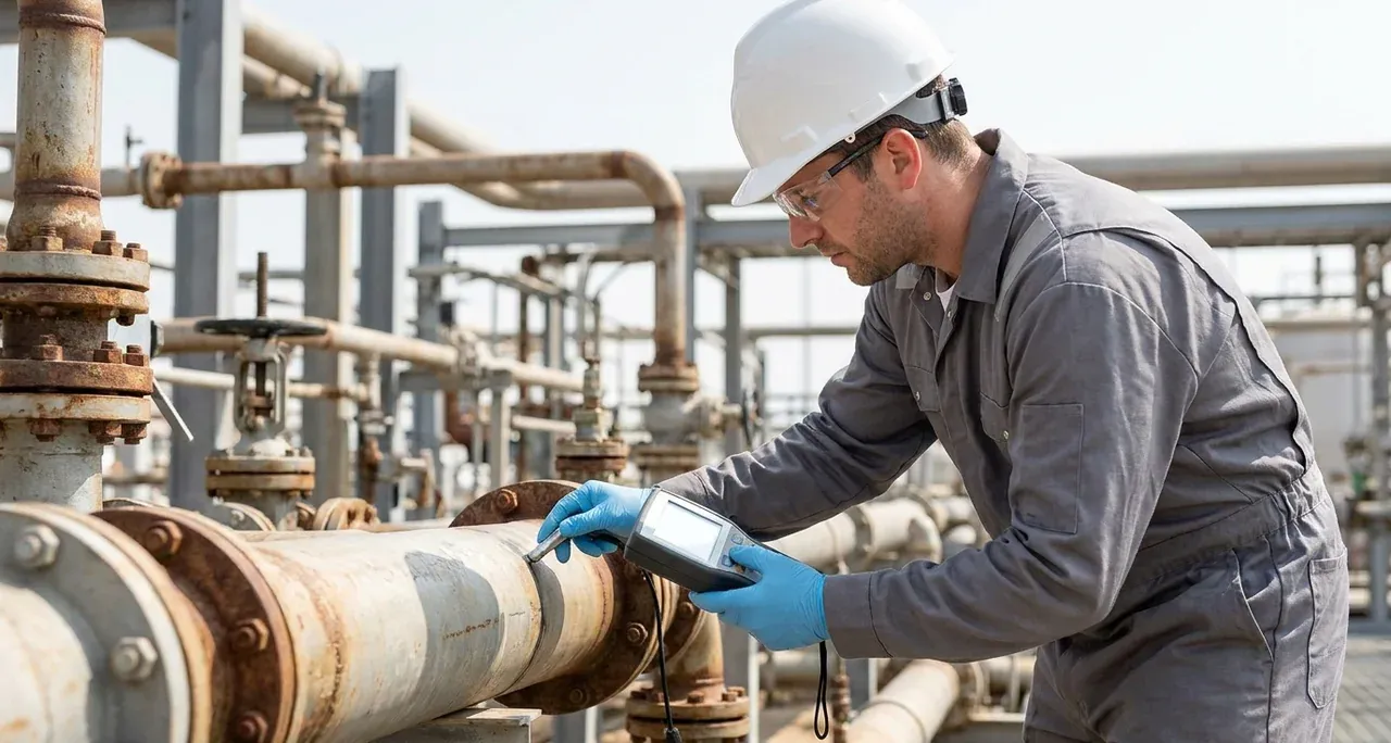 Technicien effectuant une mesure au radiamètre sur des tuyauteries de procédé