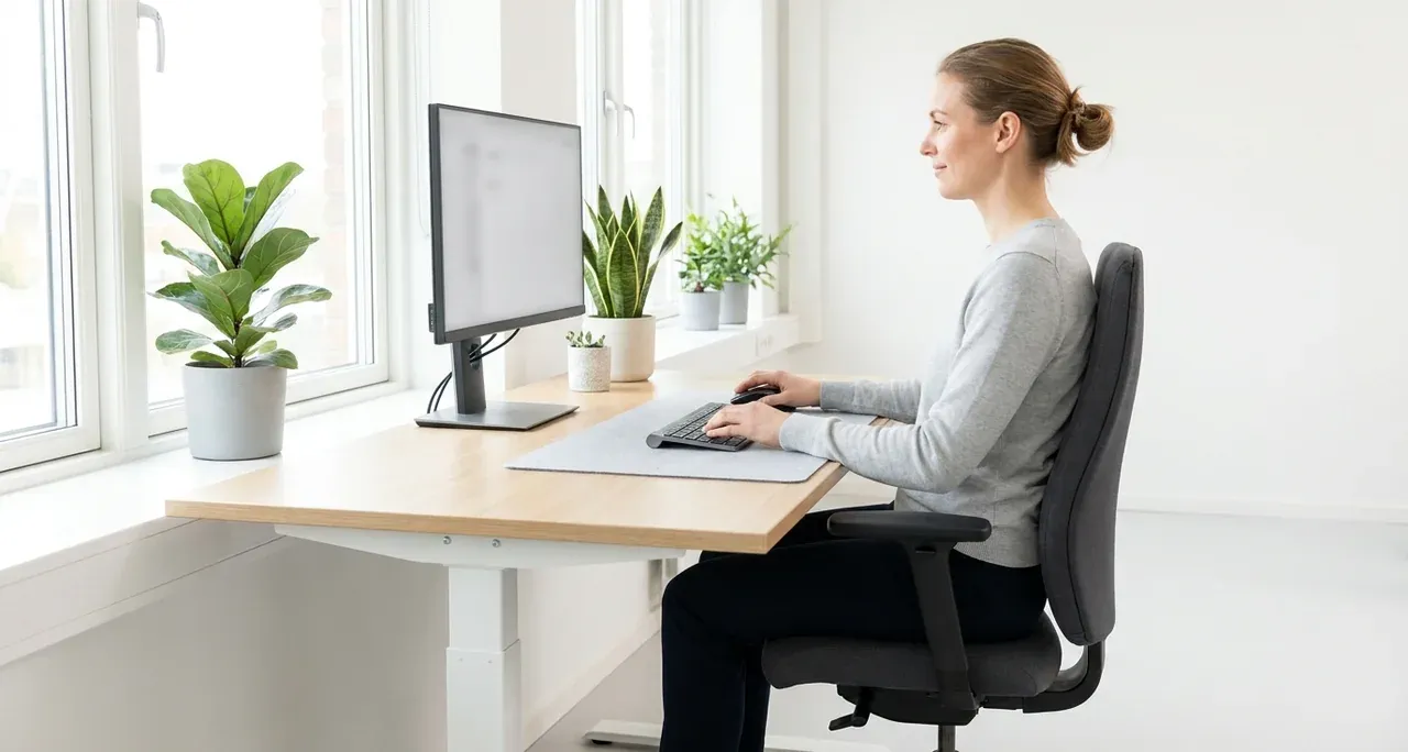 Office worker seated at a correctly adjusted workstation with the monitor at eye height