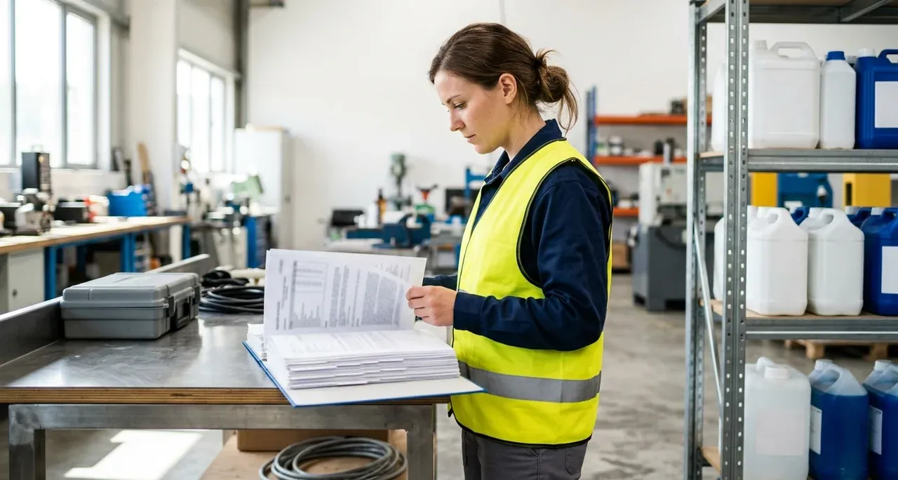 Worker consulting a safety data sheet binder beside chemical storage shelves