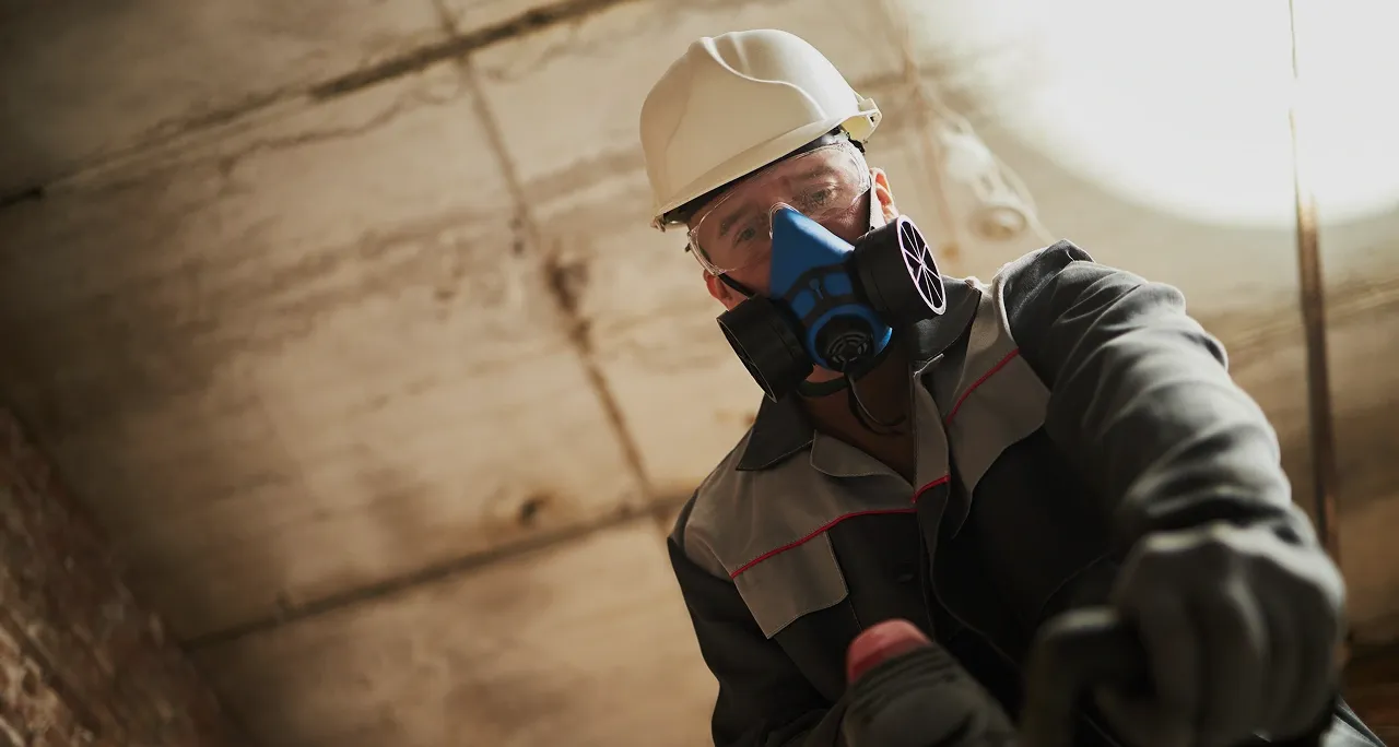Construction worker wearing a half-mask respirator in airborne dust
