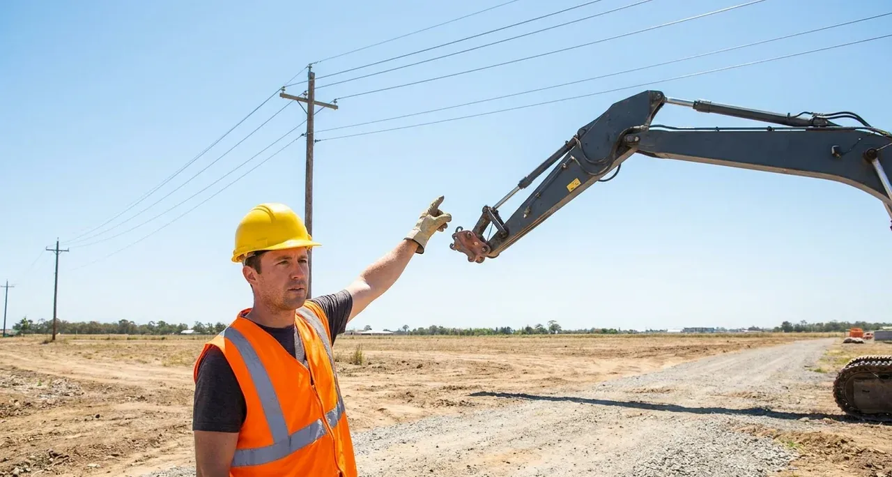 Spotter watching an equipment boom to maintain safe distance from an overhead powerline