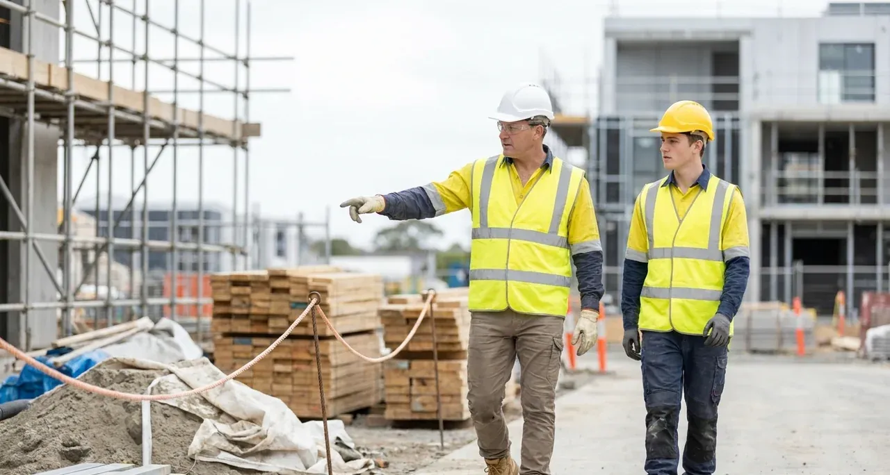 Supervisor and worker in hard hats and hi-vis identifying a hazard together on a worksite