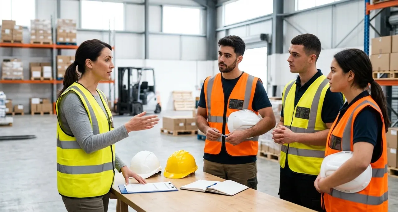 Supervisor leading a WHMIS safety briefing with warehouse workers