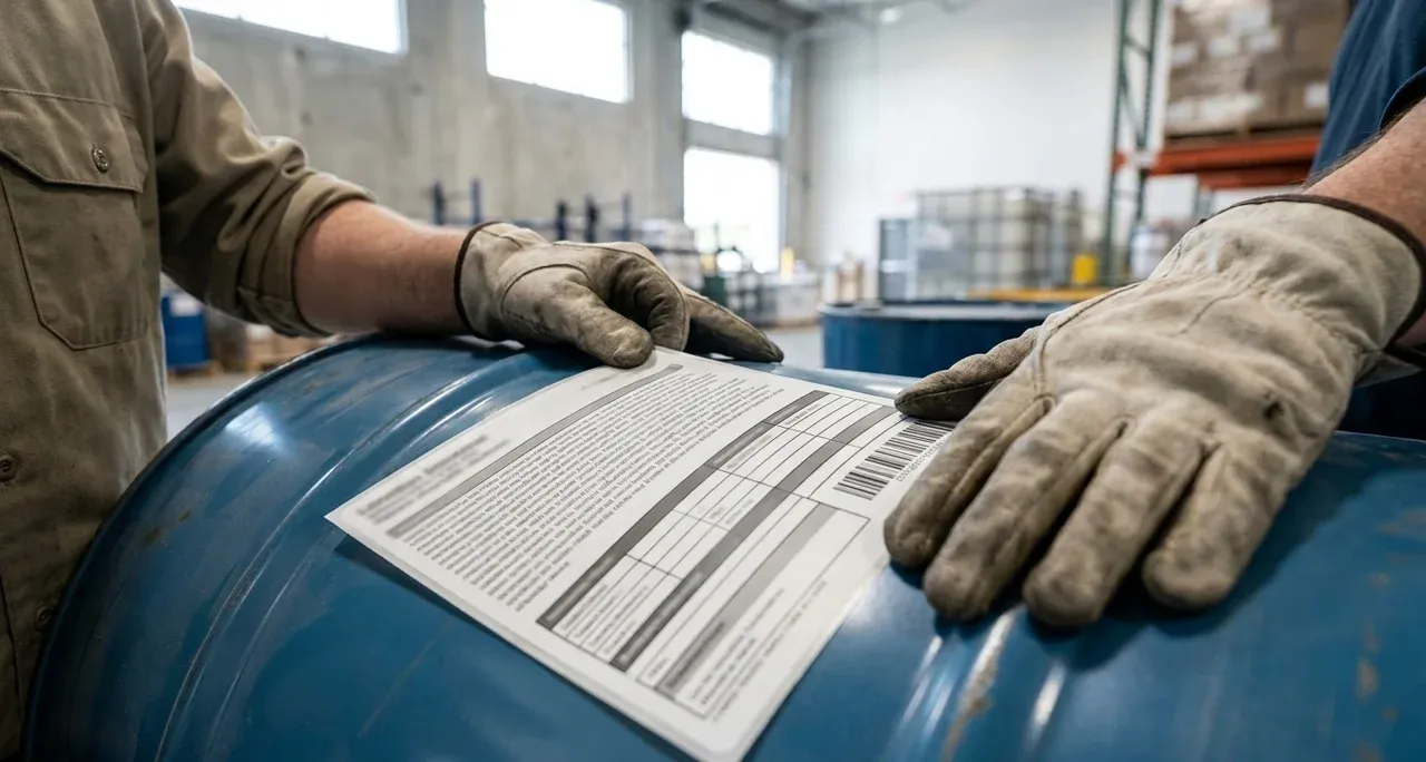 Worker applying a supplier label to a chemical drum in a Canadian warehouse