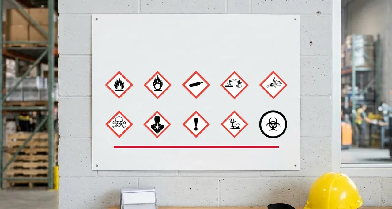 All 10 official WHMIS hazard pictograms displayed on a training poster in a warehouse