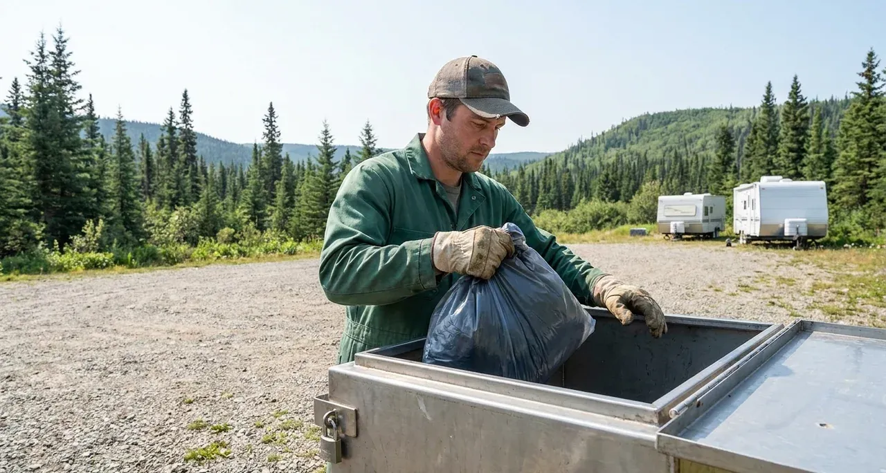 Worker securing food waste in a bear-proof storage locker at a remote work camp