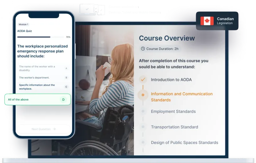 Laptop and phone mockups of AODA and Human Rights Code Online Training, icons for device availability, and Canadian legislation badge