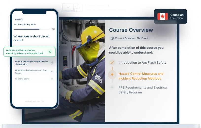 Laptop and phone mockups of Arc Flash Safety Online Training, icons for device availability, and Canadian legislation badge