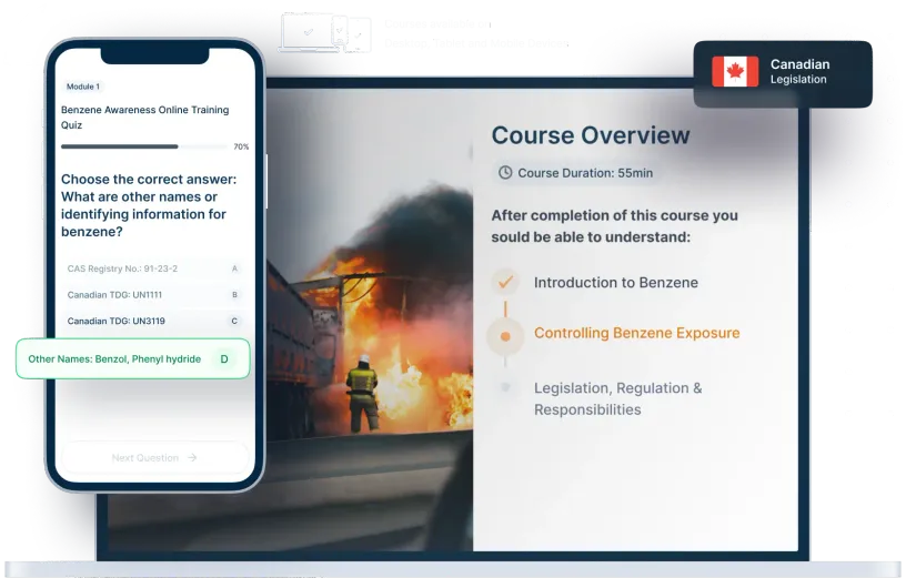 Laptop and phone mockups of Benzene Awareness Online Training, icons for device availability, and Canadian legislation badge