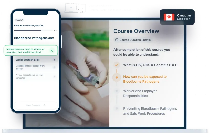 Laptop and phone mockups of Bloodborne Pathogens Online Training, icons for device availability, and Canadian legislation badge