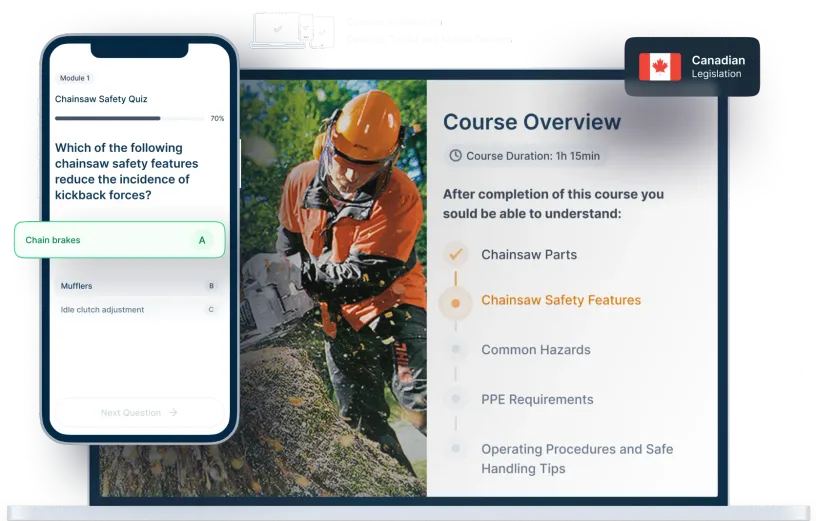 Laptop and phone mockups of Chainsaw Safety Online Training, icons for device availability, and Canadian legislation badge