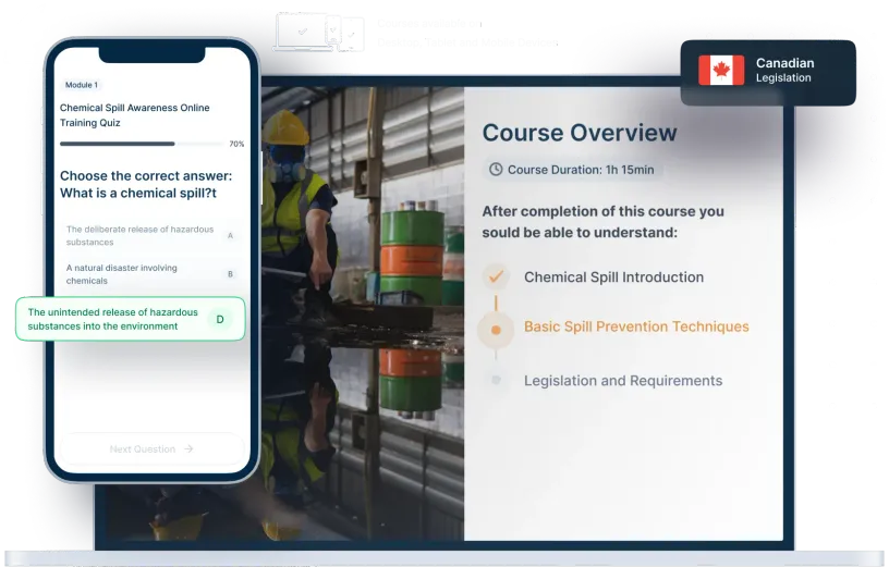 Laptop and phone mockups of Chemical Spill Awareness Online Training, icons for device availability, and Canadian legislation badge