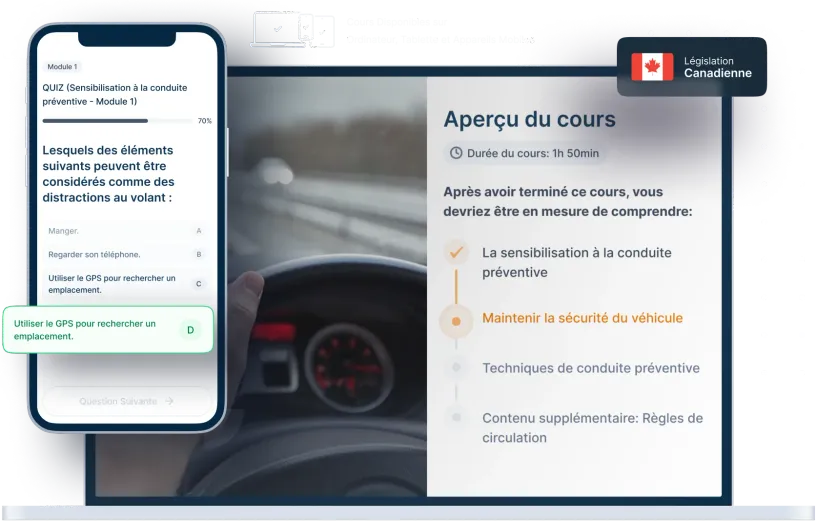 Maquettes d’ordinateurs portables et de téléphones de la formation en ligne Conduite préventive, des icônes pour la disponibilité des appareils et un insigne de la législation canadienne