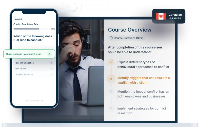 Laptop and phone mockups of Conflict Resolution Online Training, icons for device availability, and Canadian legislation badge