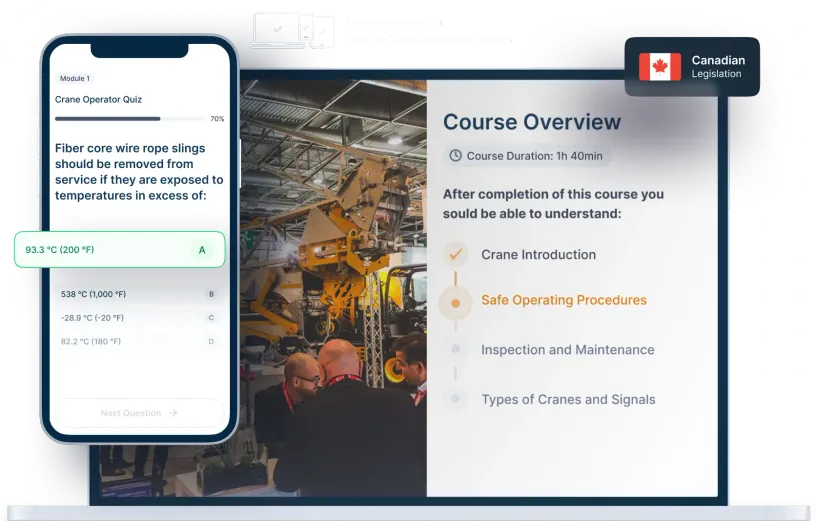 Laptop and phone mockups of Crane Operator Online Training, icons for device availability, and Canadian legislation badge