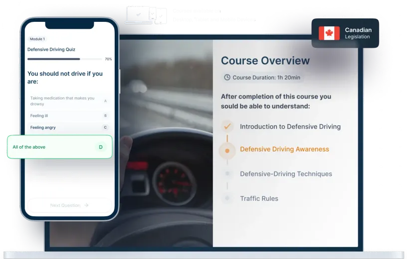 Laptop and phone mockups of Defensive Driving Online Training, icons for device availability, and Canadian legislation badge