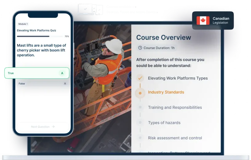 Laptop and phone mockups of Elevating Work Platform Online Training, icons for device availability, and Canadian legislation badge