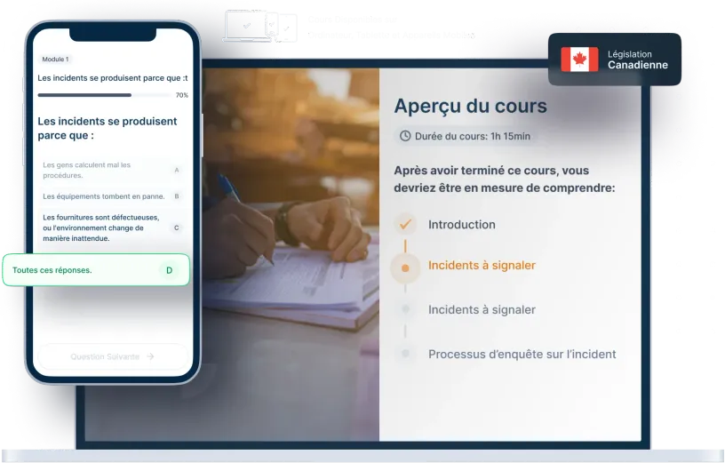 Maquettes d’ordinateurs portables et de téléphones de la formation en ligne Enquêtes sur les incidents et les accidents, des icônes pour la disponibilité des appareils et un insigne de la législation canadienne