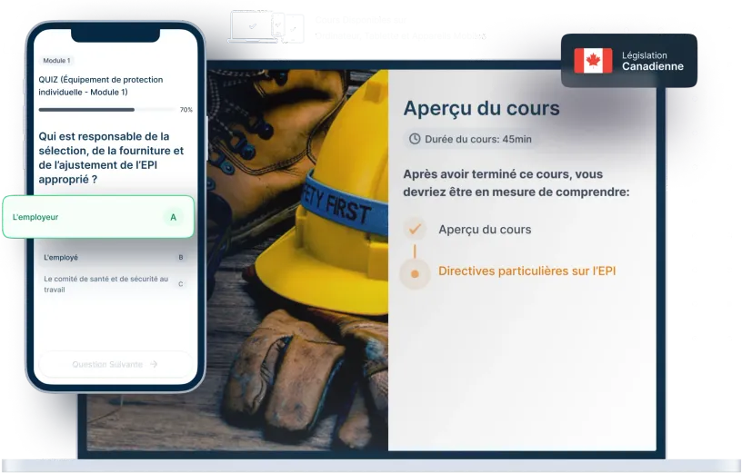 Maquettes d’ordinateurs portables et de téléphones de la formation en ligne EPI, des icônes pour la disponibilité des appareils et un insigne de la législation canadienne